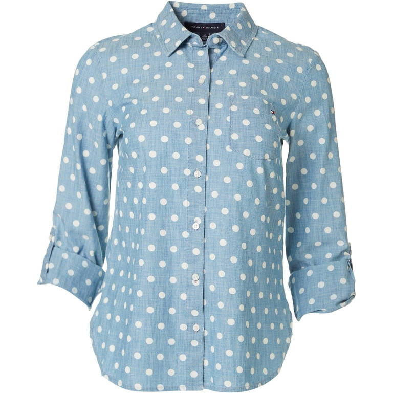 Tommy Hilfiger Womens Dots Button Down Roll Tab Top Large Chambray 