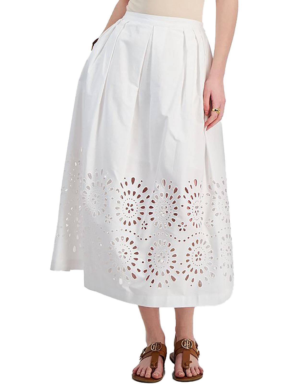 Tommy Hilfiger Womens Embroidered Pleated A-Line Skirt