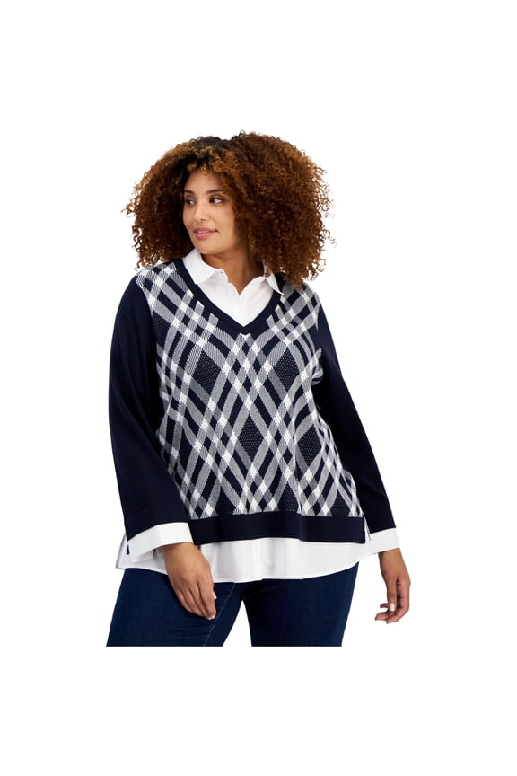 Womens Plaid Twofer Pullover Sweater, Blue, Plus Size, 1X
