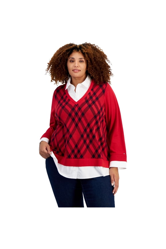 Womens Plaid Twofer Pullover Sweater, Red, Plus Size, 3X