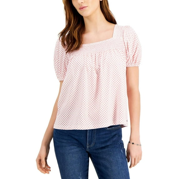 Tommy Hilfiger Womens Floral Print Smocked Pullover Top