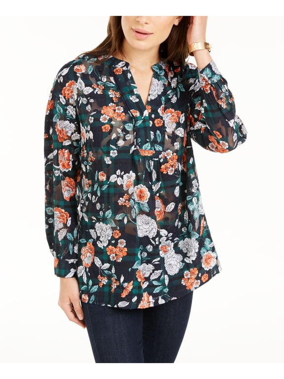 Womens Floral Print Split Neck Blouse Navy XS