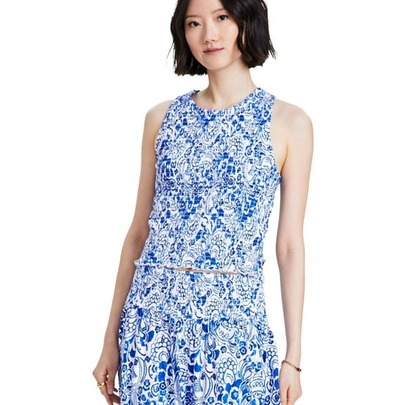 Tommy Hilfiger Womens Floral Smocked Tank Top, Blue, XX-Large