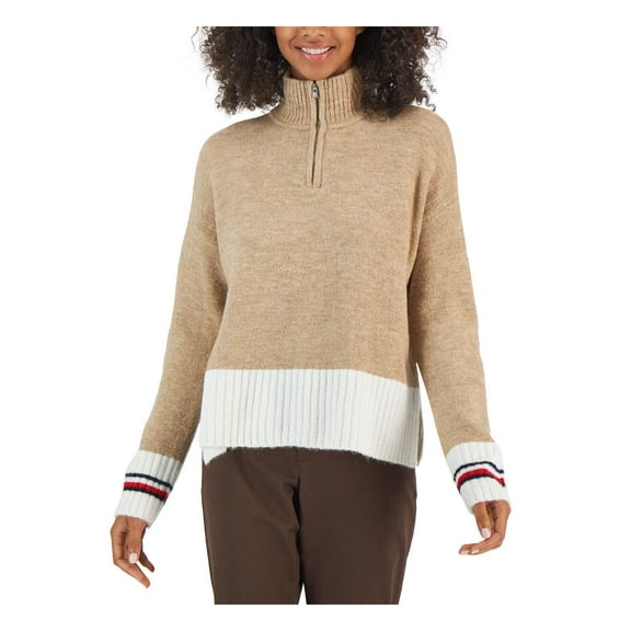 Tommy Hilfiger Womens Colorblocked Half-Zip Sweater Light Heather Fawnivory XL