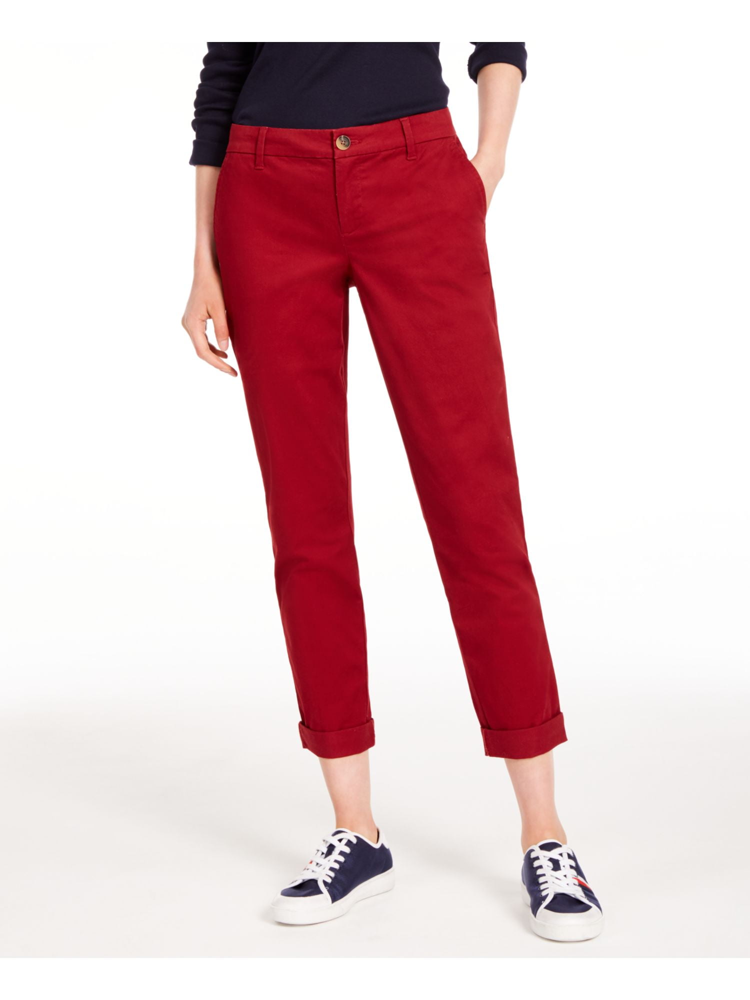 Tommy Hilfiger Womens Hampton Cuffed Hem Crop Chino Pants Red