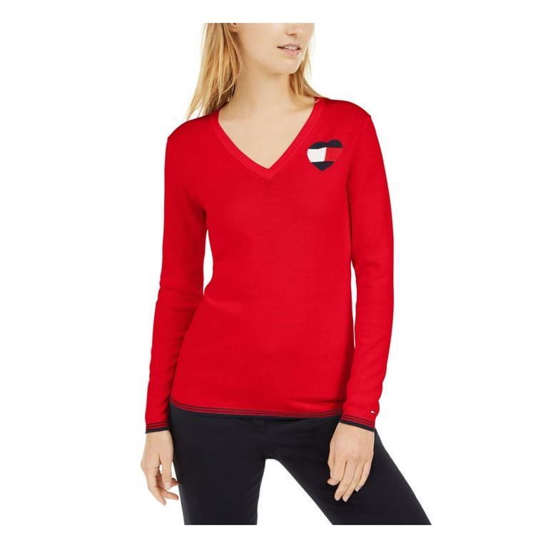 mave overraskelse klip Tommy Hilfiger Womens Heart Flag Logo V-Neck Sweater Red XXL - Walmart.com