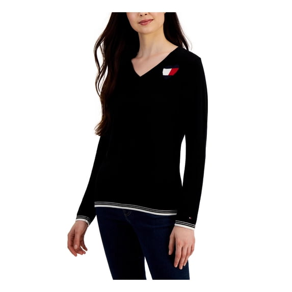 Tommy Hilfiger Womens Heart Stripe Trim V-Neck Sweater