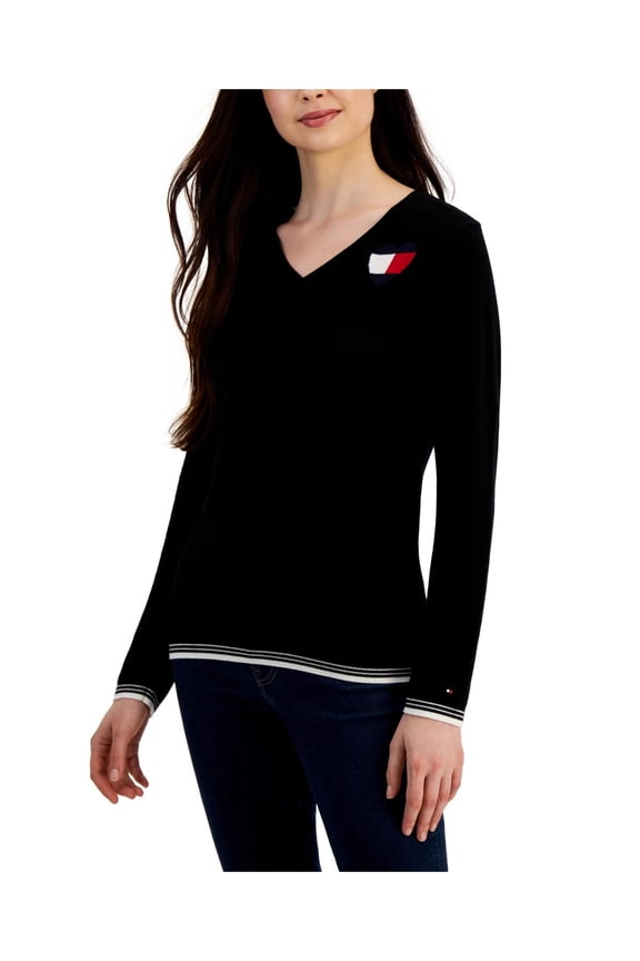 Womens Heart Stripe Trim V-Neck Sweater