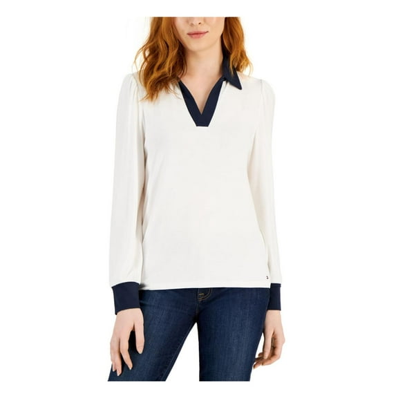 Tommy Hilfiger Womens Johnny Collar Puff Shoulder Pullover Top