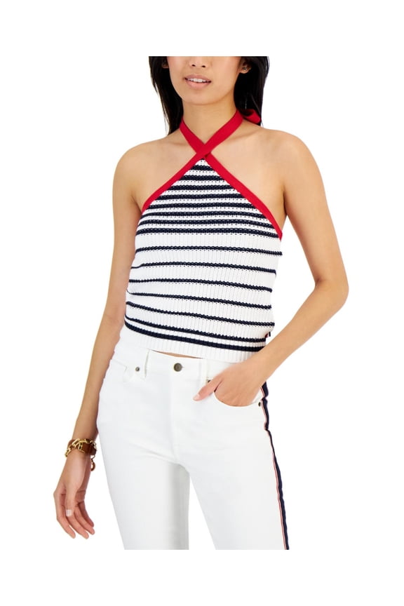 Womens Striped Cotton Halter Sweater Bright White Multi L