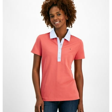 Tommy Hilfiger Womens Striped Collar Polo Shirt, Red, Medium