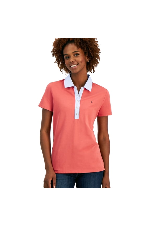Womens Striped Collar Polo Shirt, Red, X-Large