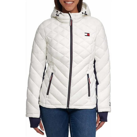 Tommy Hilfiger Womens Packable Hooded Puffer Jacket(White,XL)