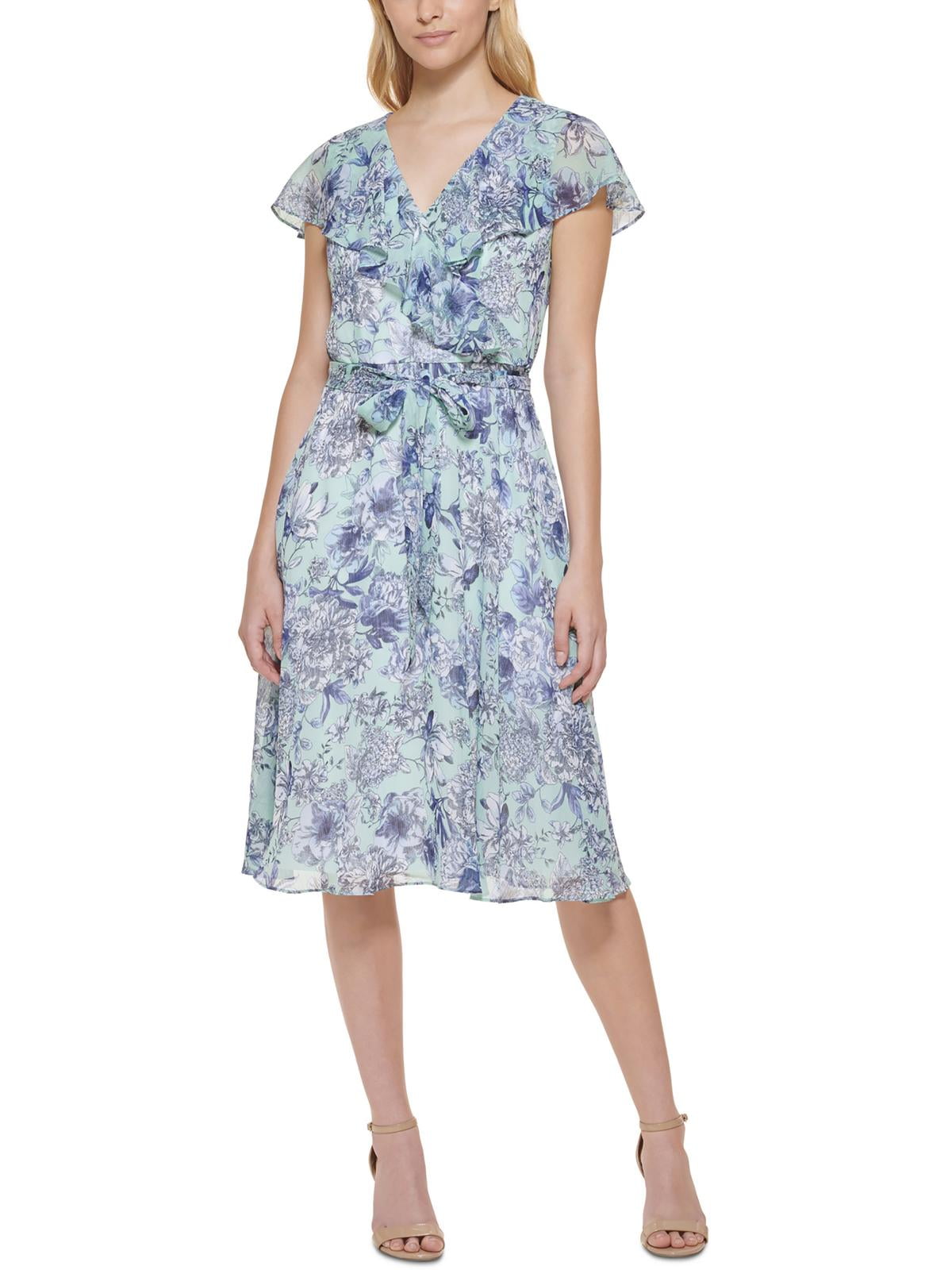 Tommy Hilfiger Womens Petites Chiffon Floral Fit Flare Dress