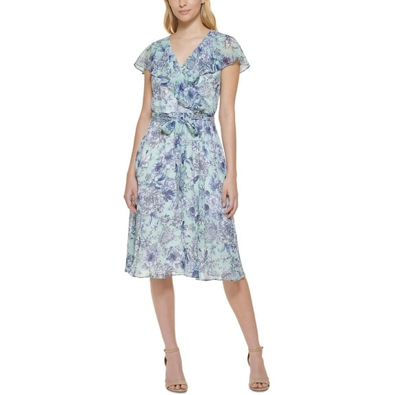 Tommy Hilfiger Women's Chiffon Floral Fit Flare Dress Blue Size 10 Petite