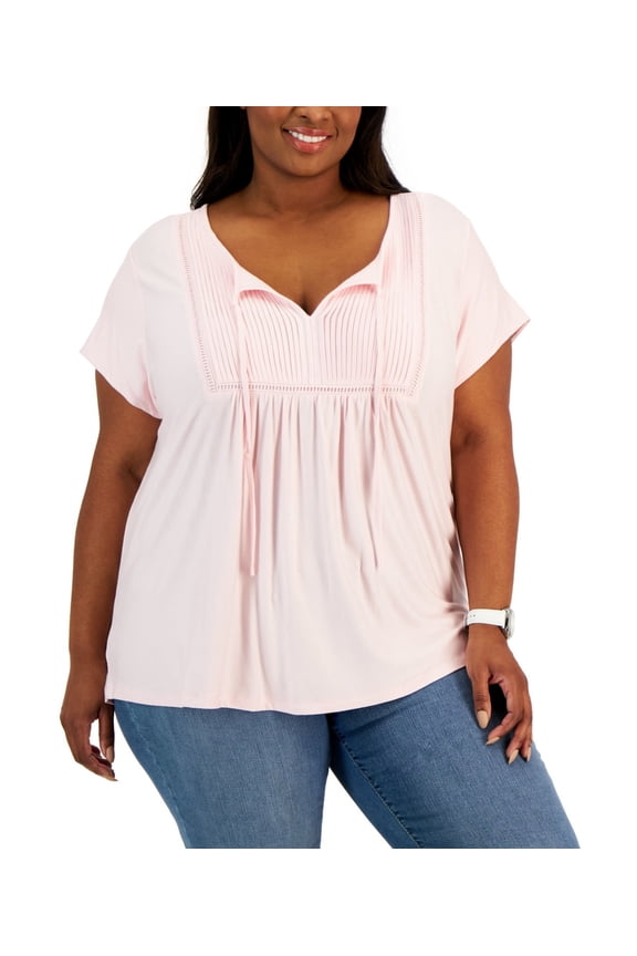 Womens Pintuck Peasant Blouse, Pink, Plus Size, 3X