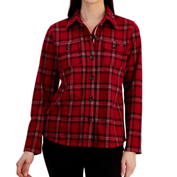 Tommy Hilfiger Womens Knit Shirt Jacket, Red, Large