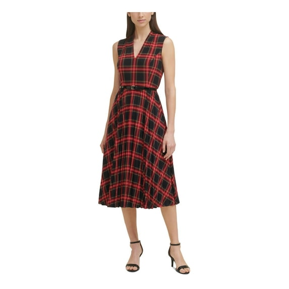 Tommy Hilfiger Womens Plaid Midi Fit & Flare Dress