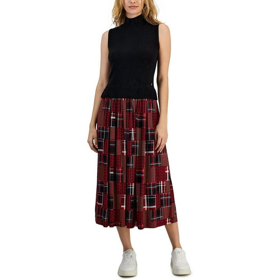 Tommy Hilfiger Womens Plaid Sleeveless Midi Dress