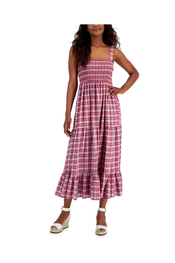 Womens Plaid Tiered Sleeveless Dress Scarlt Multi 2XL