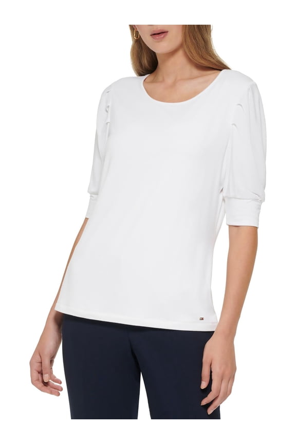 Womens Elbow Sleeve Pleated Shoulder Top Bright White XS