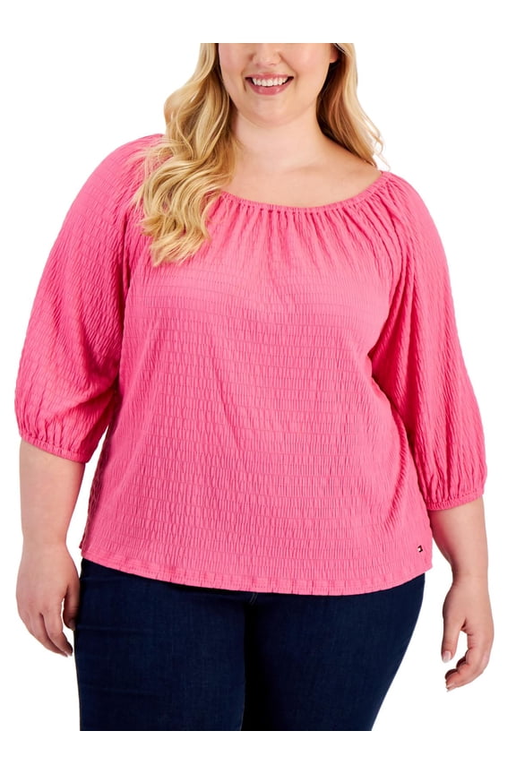 Womens Plus 3/4 Sleeve Boho Peasant Top