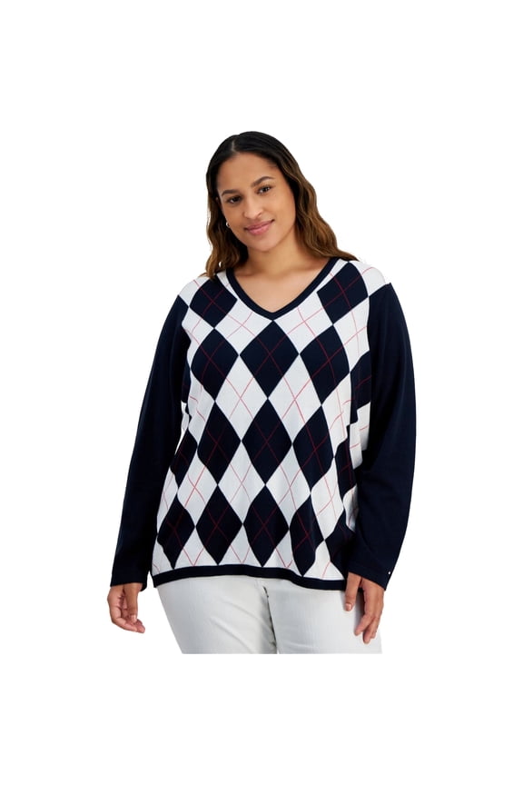 Womens Argyle Pullover Sweater, Multicoloured, Plus Size, 0X