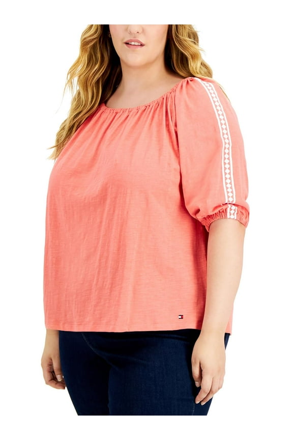 Womens Plus Bubble Sleeve Boat Neck Pullover Top