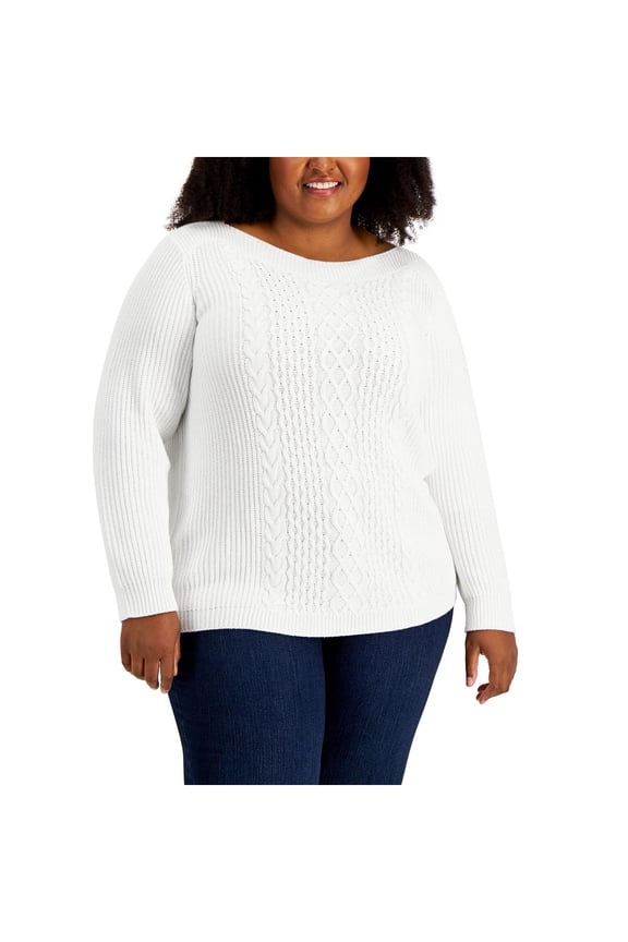 Womens Plus Cate Envelope Neck Cable Knit Crewneck Sweater