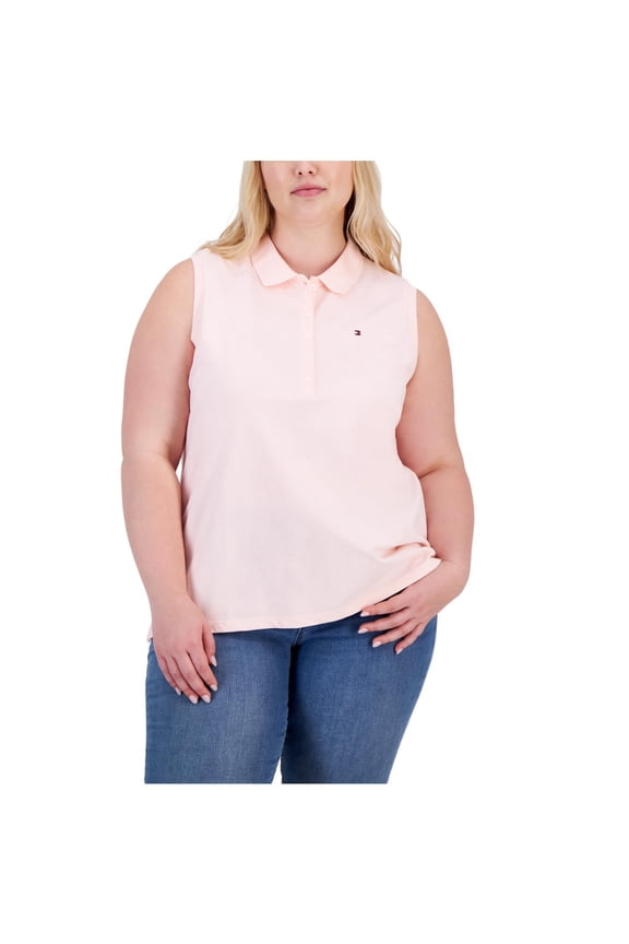 Womens Sleeveless Polo Shirt, Pink, Plus Size, 2X
