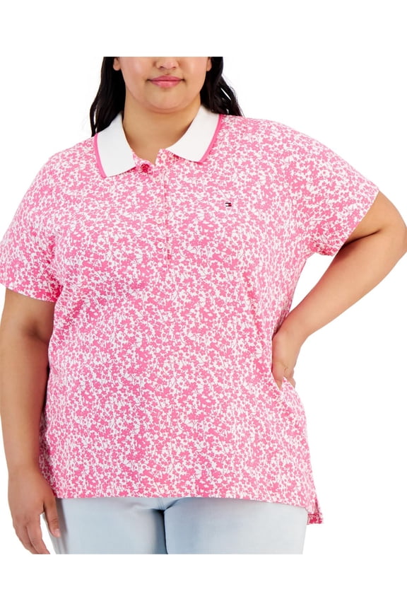 Womens Plus Floral Collared Polo Top