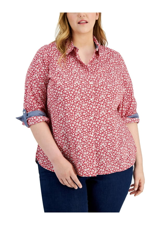 Womens Plus Floral Print Point-Collar Button-Down Top