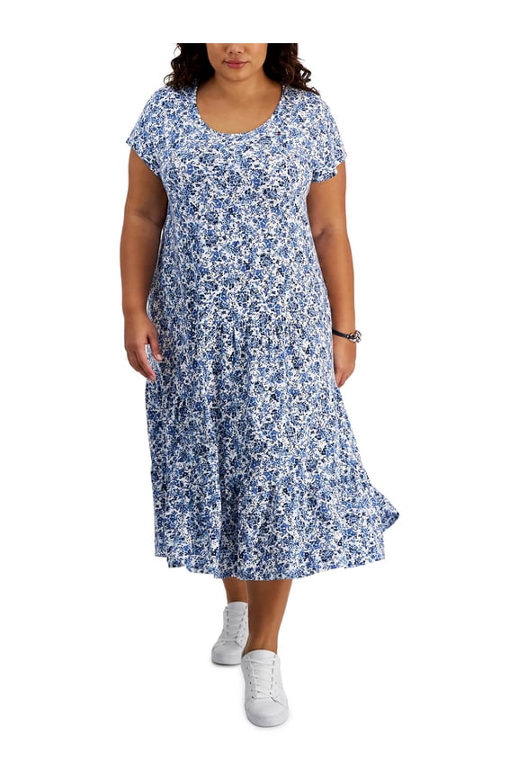 Womens Plus Floral Tea-Length T-Shirt Dress