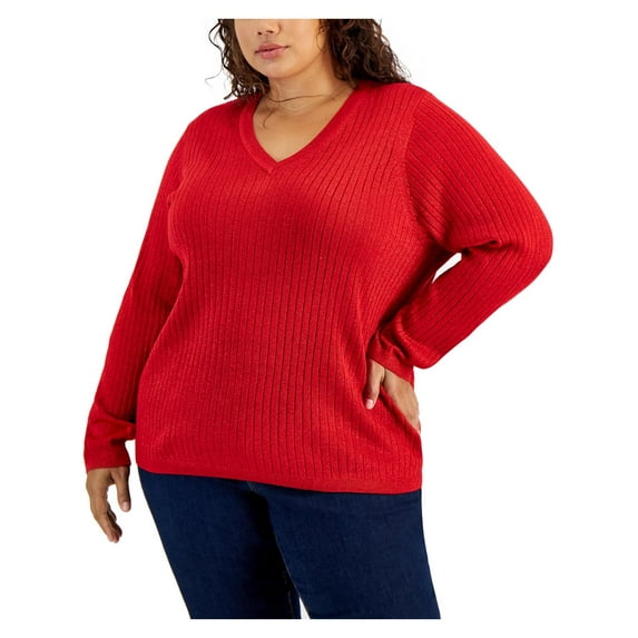 Tommy Hilfiger Womens Plus Metallic V-Neck Pullover Sweater