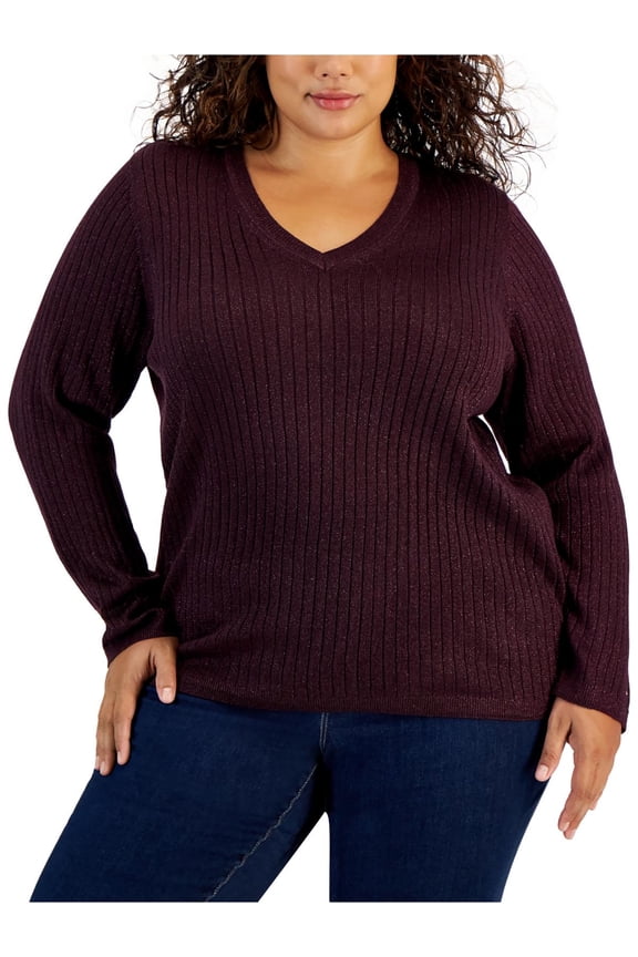 Womens Plus Metallic V-Neck Pullover Sweater