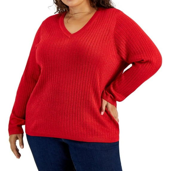 Tommy Hilfiger Womens Ribbed Metallic Threaded Pullover Sweater, Red, Plus Size, 3X
