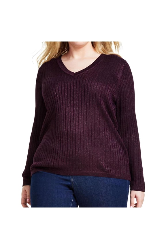 Womens Ribbed Metallic Threaded Pullover Sweater, Purple, Plus Size, 0X