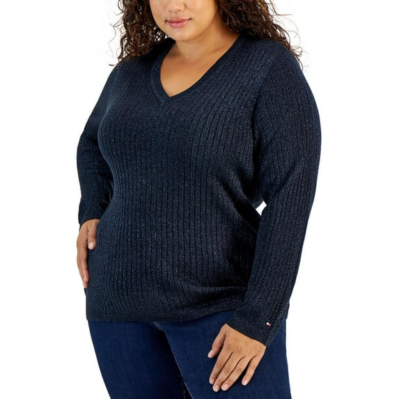 Tommy Hilfiger Womens Plus Metallic V-Neck Pullover Sweater