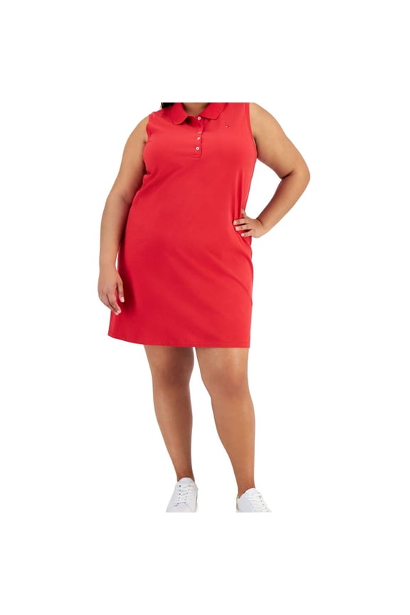 Womens Polo Mini Shirt Dress, Red, Plus Size, 1X