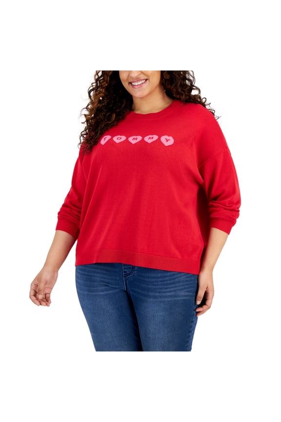 Womens Crewneck Heart Logo Knit Sweater, Red, Plus Size, 0X