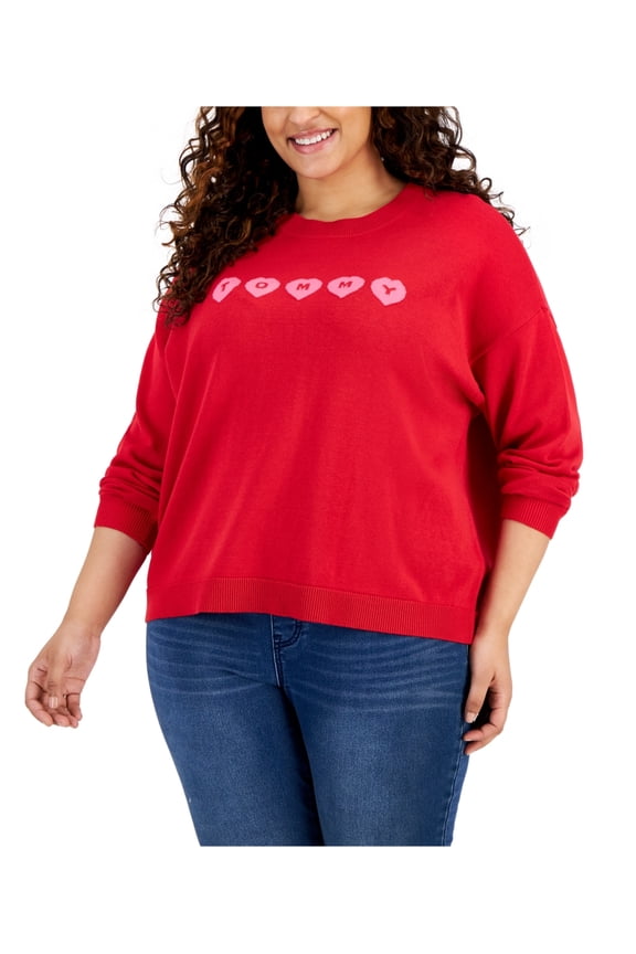 Womens Crewneck Heart Logo Knit Sweater, Red, Plus Size, 0X