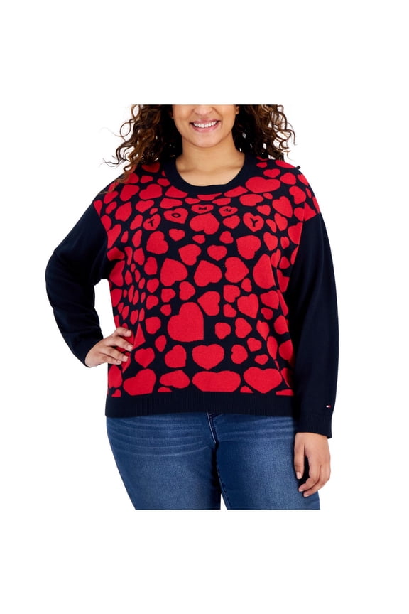 Womens Heart Logo Knit Pullover Sweater, Red, Plus Size, 1X