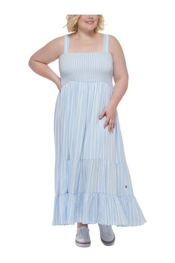 Womens Plus Striped Smocked Midi Dress