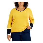 TOMMY HILFIGER Womens Plus V-Neck Striped Trim Pullover Sweater