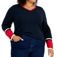 thumbnail image 1 of Tommy Hilfiger Womens Striped Trim Pullover Sweater, Multicoloured, Plus Size, 1X, 1 of 1