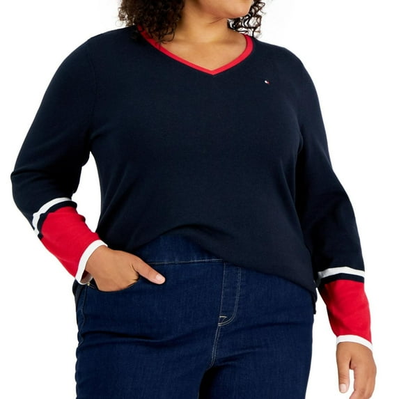 Tommy Hilfiger Womens Striped Trim Pullover Sweater, Multicoloured, Plus Size, 1X