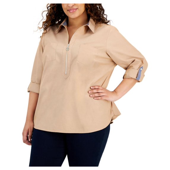 Tommy Hilfiger Womens Plus Zipper Cotton Pullover Top