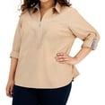 thumbnail image 1 of Tommy Hilfiger Womens Chambray Roll Tab Tunic Blouse, Brown, Plus Size, 0X, 1 of 1