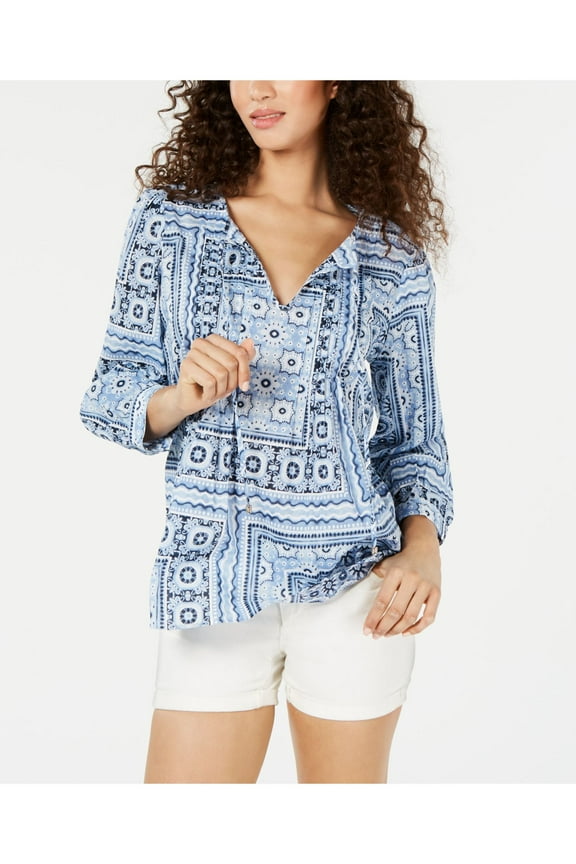 Womens Printed Pintuck Peasant Top
