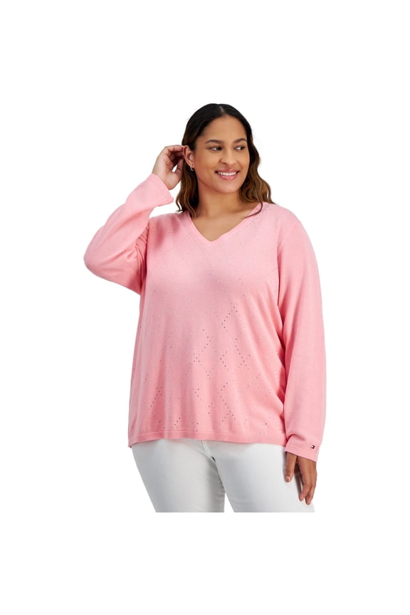 Womens Rhinestone Pullover Sweater, Pink, Plus Size, 2X